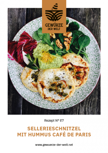 Rezeptkarte N°87 Sellerieschnitzel Humus Cafe de Paris