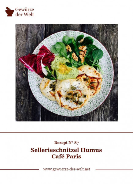 Rezeptkarte N°87 Sellerieschnitzel Humus Cafe de Paris