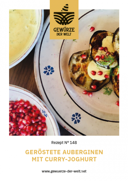 Rezeptkarte N°148 Geröstete Auberginen mit Curry-Joghurt