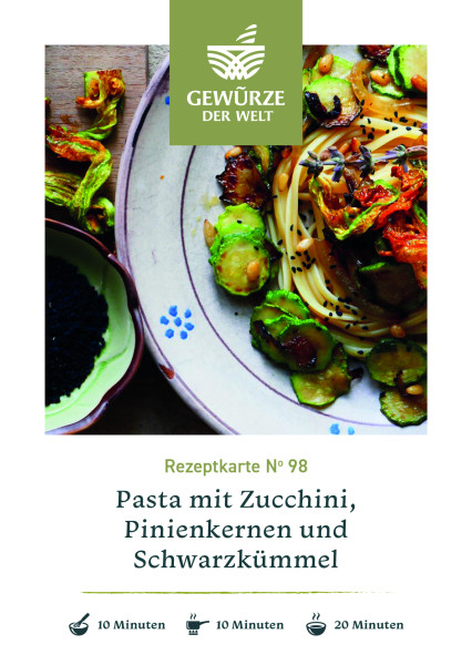 Rezeptkarte N°98 Pasta mit Zucchini, Pinienkernen und Schwarzkümmel