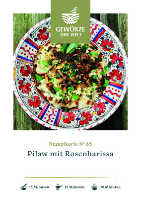 Rezeptkarte N°65 Reispilaw mit Bio Rosengewürz Rezeptkarte N°65 Reispilaw mit Bio Rosengewürz
