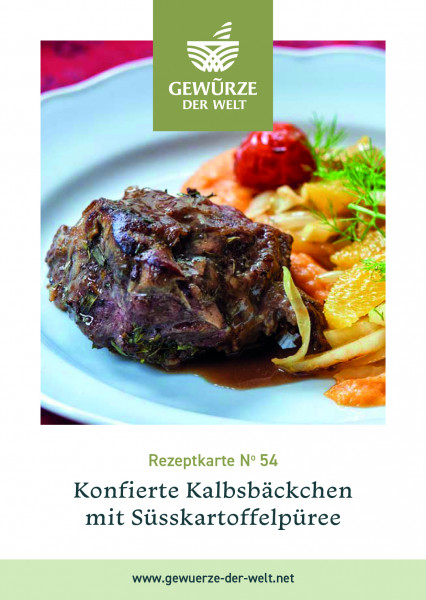 Rezeptkarte N°54 konfierte Kalbsbäckchen mit Süßkartoffelpüree