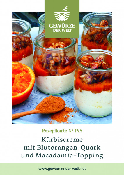 Rezeptkarte N°195 Kürbiscreme mit Blutorangen - Quark und Macadamia - Topping