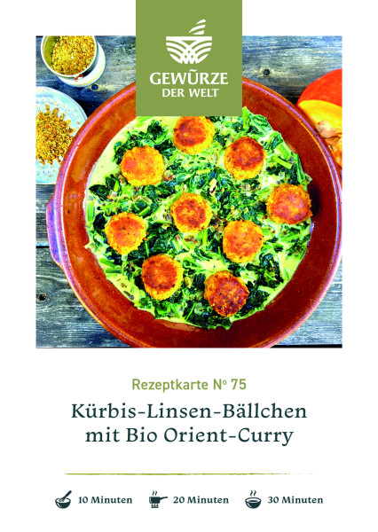 Rezeptkarte N°75 Kürbis-Linsen-Bällchen mit Bio Orient-Curry