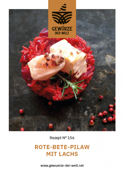 Rezeptkarte N°156 Rote-Beete-Pilaw mit Lachs