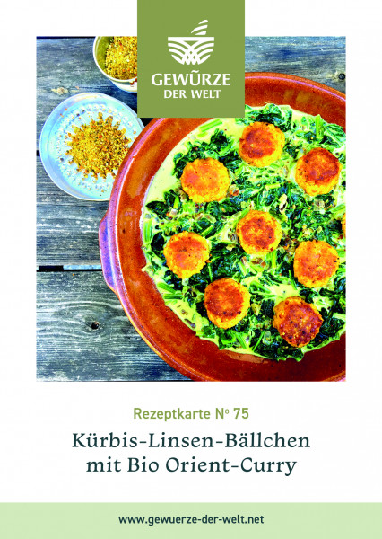 Rezeptkarte N°75 Kürbis-Linsen-Bällchen mit Bio Orient-Curry