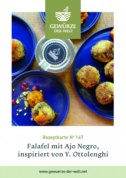 Rezeptkarte N°147 Kichererbsenbällchen mit Ajo Negro und Granatapfel