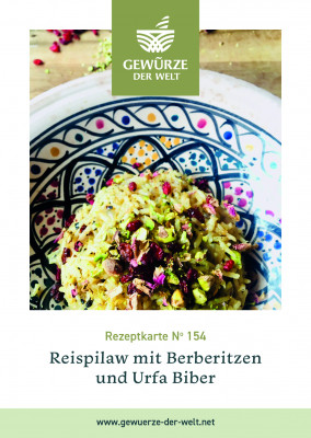 Rezeptkarte N°154 Reispilaw mit Berberitzen, Urfa Biber und Pistazien Rezeptkarte N°154 Reispilaw mit Berberitzen, Urfa Biber und Pistazien