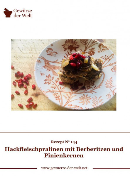 Rezeptkarte N°144 Hackfleischpralinen mit Berberitzen und Pinienkernen