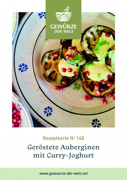 Rezeptkarte N°148 Geröstete Auberginen mit Curry-Joghurt