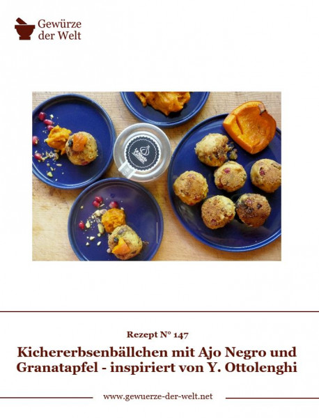 Rezeptkarte N°147 Kichererbsenbällchen mit Ajo Negro und Granatapfel
