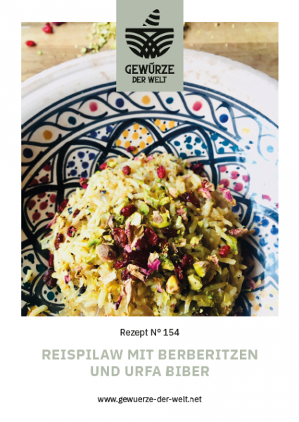 Rezeptkarte N°154 Reilpilaw mit Berberitzen, Urfa Biber und Pistazien
