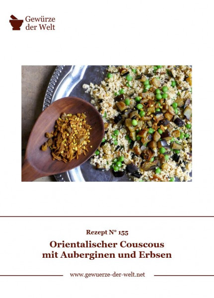 Rezeptkarte N°155 Orientalischer Couscous mit Auberginen und Erbsen
