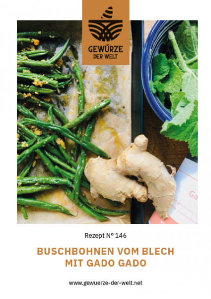 Rezeptkarte N°146 Buschbohnen vom Blech – mit Gado Gado