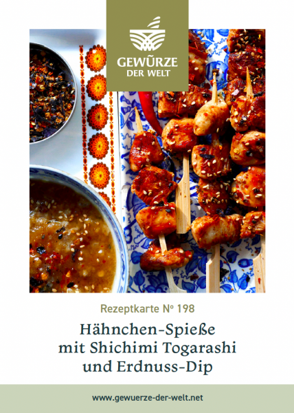 Rezeptkarte N°198 Hähnchen-Spieße mit Shichimi Togarashi und Erdnuss-Dip