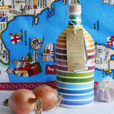 Natives Olivenöl Extra Vergine Keramisches Glas Regenbogen Natives Olivenöl Extra Vergine Keramisches Glas Regenbogen