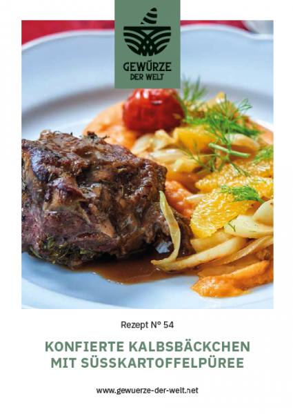 Rezeptkarte N°54 konfierte Kalbsbäckchen mit Süßkartoffelpüree