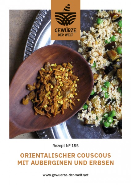 Rezeptkarte N°155 Orientalischer Couscous mit Auberginen und Erbsen