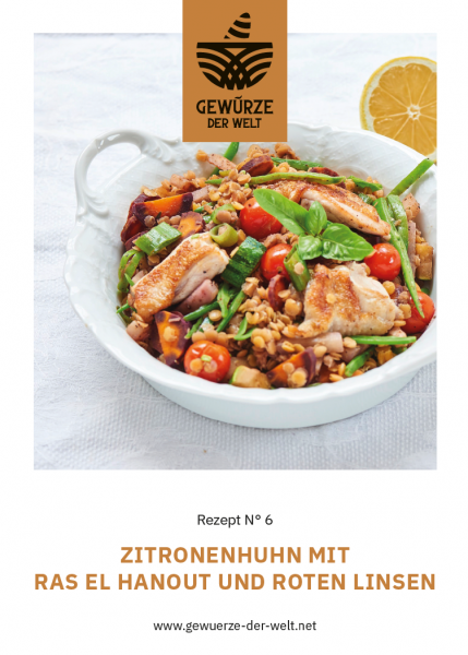 Rezeptkarte N°6 Zitronenhuhn mit Ras el Hanout und roten Linsen