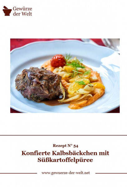 Rezeptkarte N°54 konfierte Kalbsbäckchen mit Süßkartoffelpüree