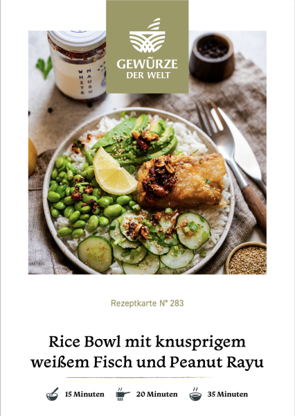 Rezeptkarte N°283 Rice Bowl mit knusprigem Fisch und Peanut Rayu