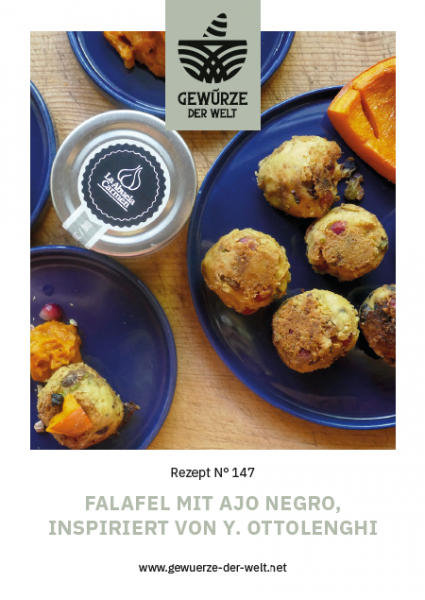 Rezeptkarte N°147 Kichererbsenbällchen mit Ajo Negro und Granatapfel