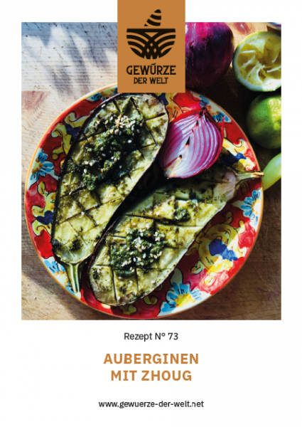 Rezeptkarte N°73 Auberginen mit Zhoug