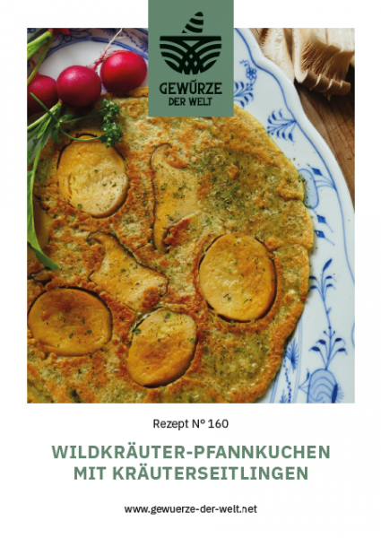 Rezeptkarte N°160 Wildkräuter-Pfannkuchen mit Kräuterseitlingen