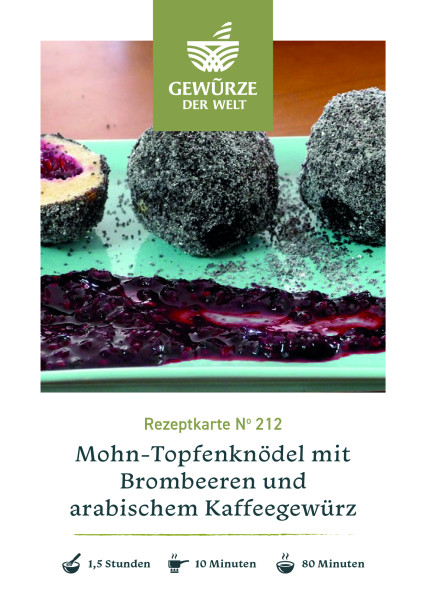 Rezeptkarte N°212 Mohn-Topfenknödel mit Brombeeren und arabischem Kaffeegewürz