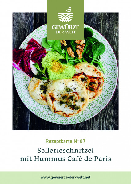 Rezeptkarte N°87 Sellerieschnitzel Hummus Cafe de Paris