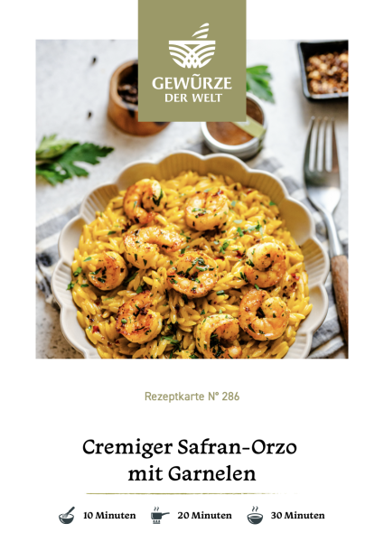 Rezeptkarte N°286 Cremiger Safran-Orzo mit Garnelen