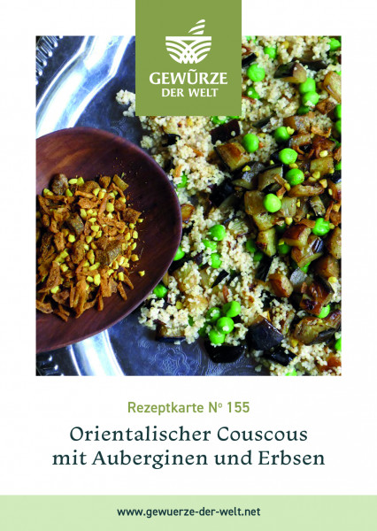 Rezeptkarte N°155 Orientalischer Couscous mit Auberginen und Erbsen