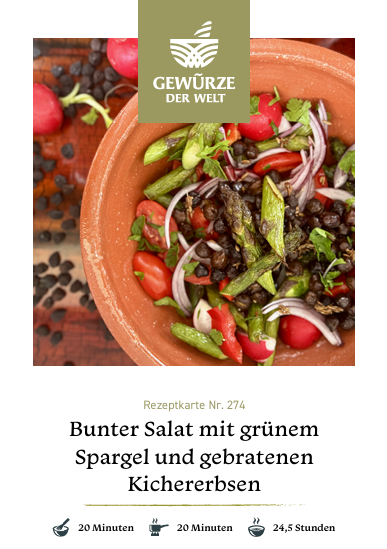 Rezeptkarte N°274 Bunter Salat mit grünem Spargel und gebratenen Ceci Neri
