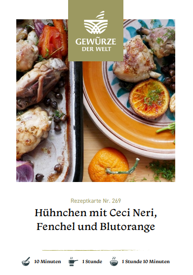 Rezeptkarte N°269 Hühnchen mit Ceci Neri, Fenchel und Blutorange