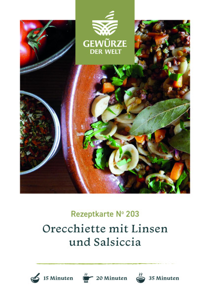 Rezeptkarte N°203 Orecchiette mit Linsen und Salsiccia