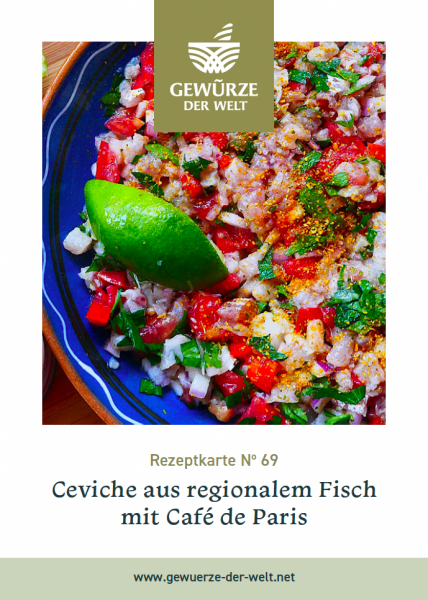 Rezeptkarte N°69 Ceviche aus regionalem Fisch mit Café de Paris